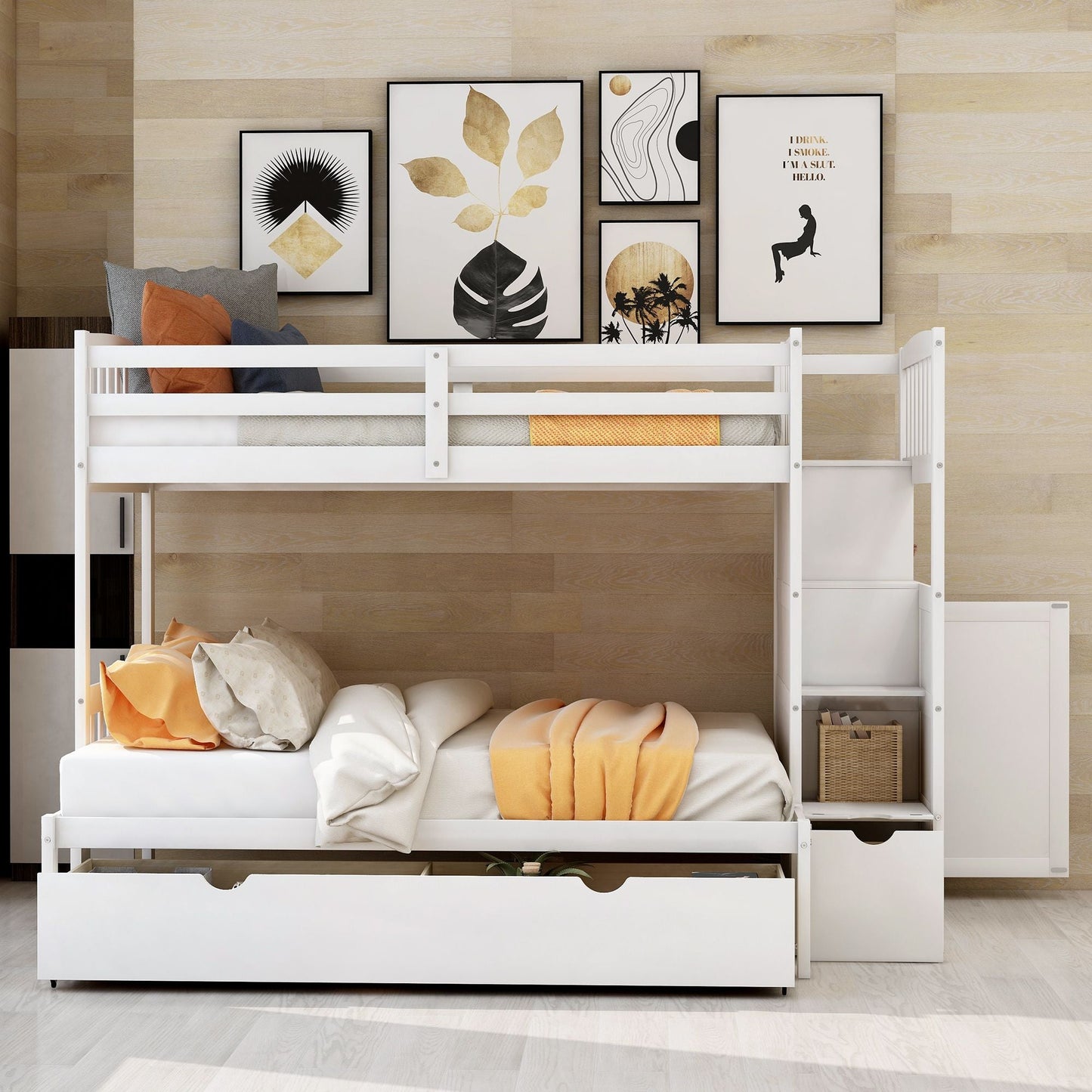Convertible Twin Over Full Wood Bunk Bed with Storage Shelves and Drawers, White | Just Better Bunk Beds