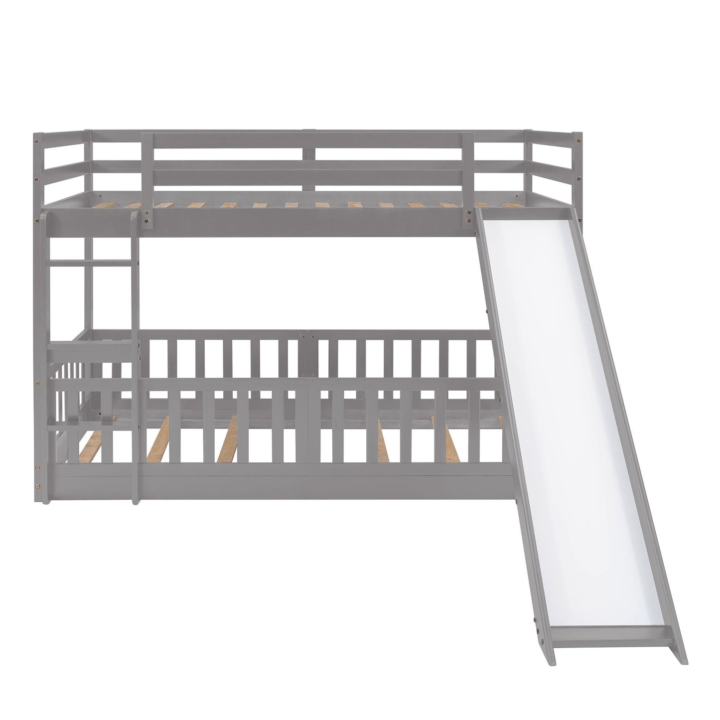 Kids Bedroom Twin Over Twin Wood Bunk Bed with Slide and Ladder, White | Just Better Bunk Beds