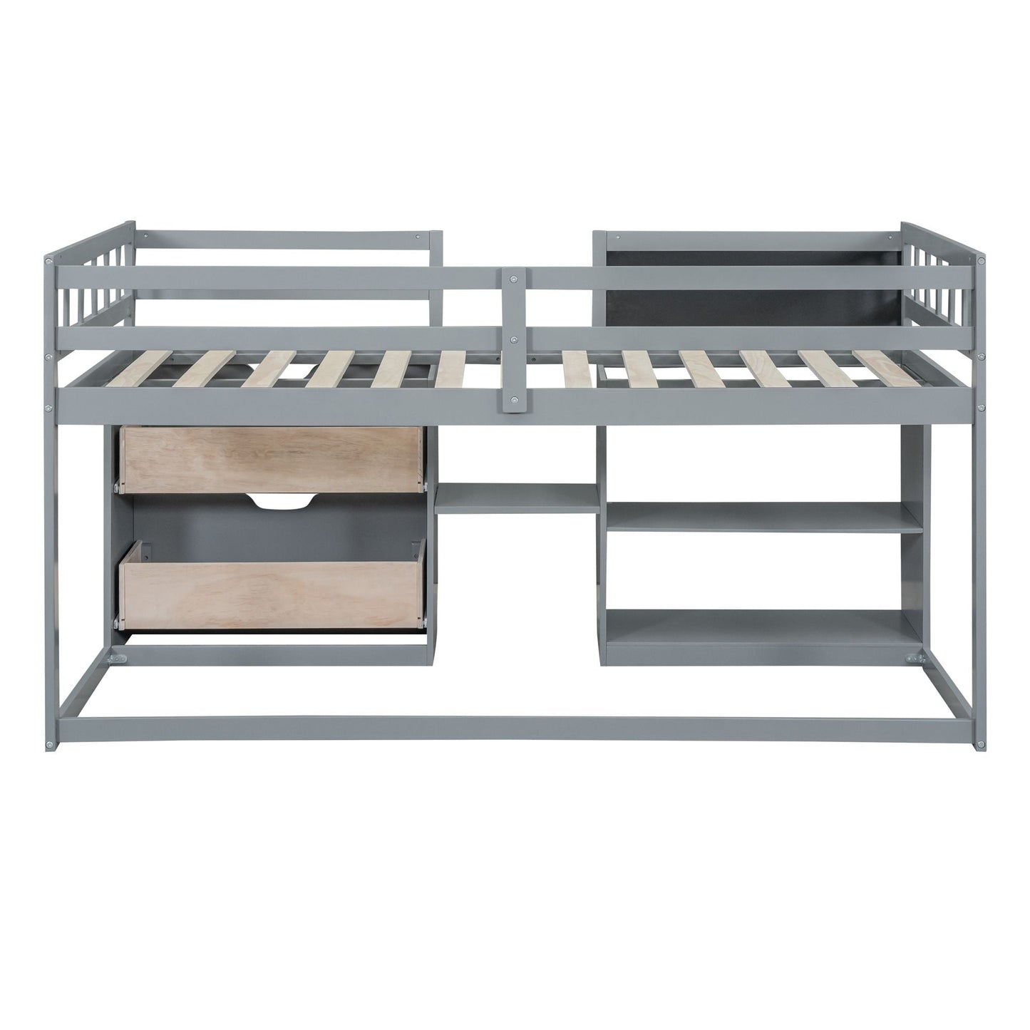 Space-Saving Twin Low Loft Wood Bed with Rolling Desk, Shelf, Drawers, White | Just Better Bunk Beds