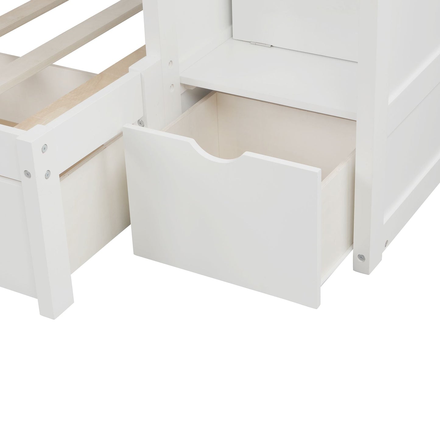Convertible Twin Over Full Wood Bunk Bed with Storage Shelves and Drawers, White | Just Better Bunk Beds