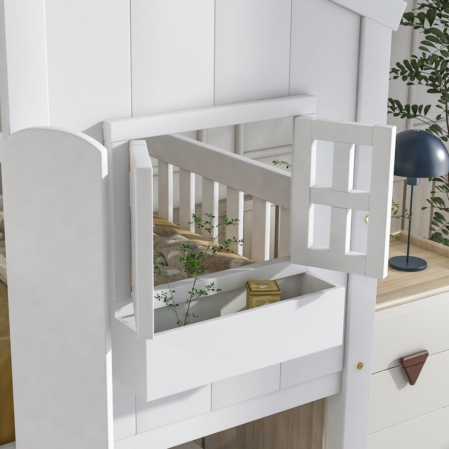 House-Style Twin Over Twin Wood Bunk Bed with Roof, Window, Door, and Ladder, Multiple Colors | Just Better Bunk Beds