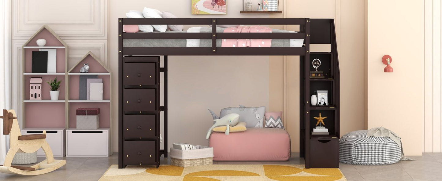 Kids Bedroom Twin Wood Loft Bed with Storage Drawers and Stairs, Espresso | Just Better Bunk Beds