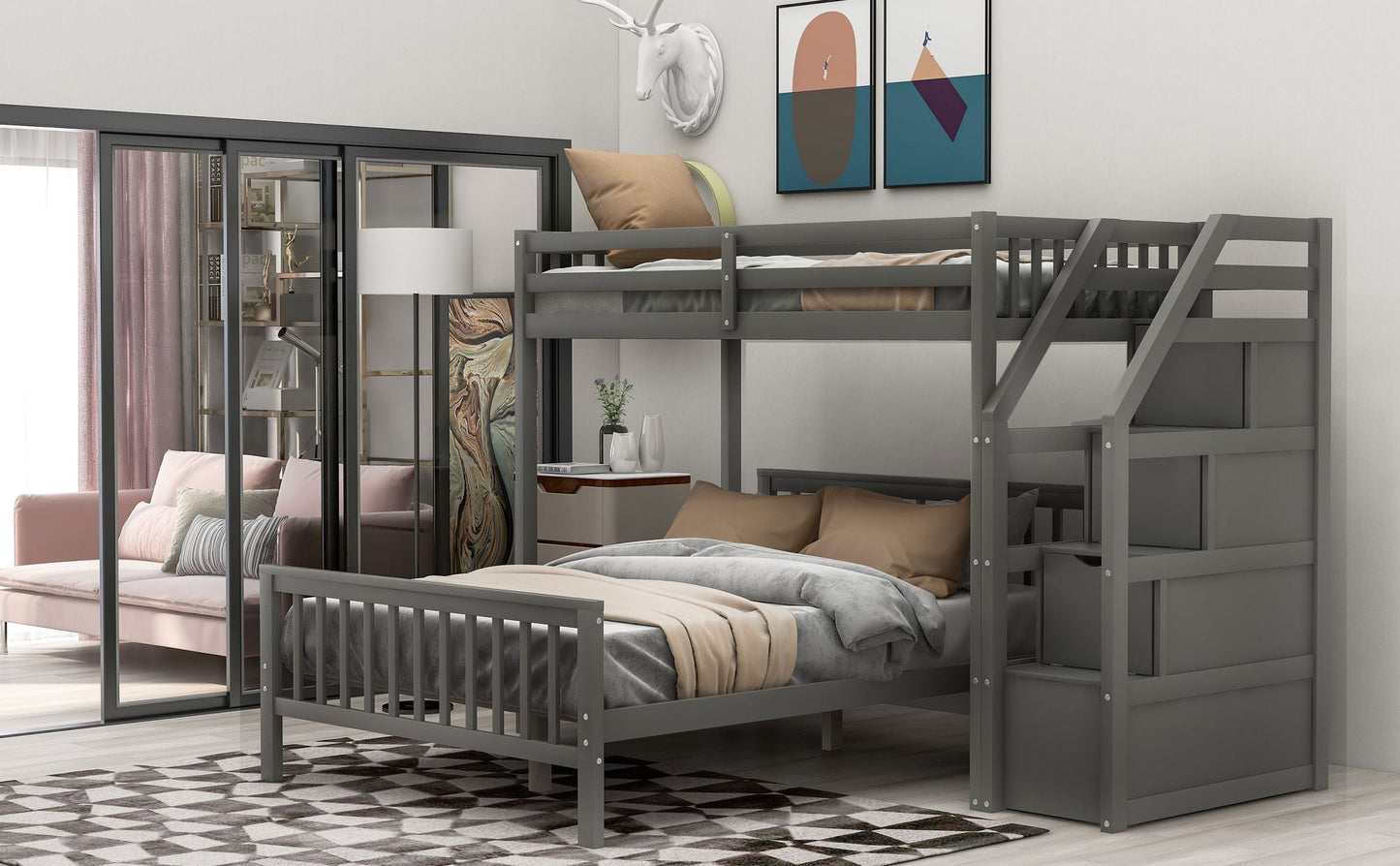 Space-Saving Twin Over Full Wood Loft Bed with Staircase, Gray | Just Better Bunk Beds