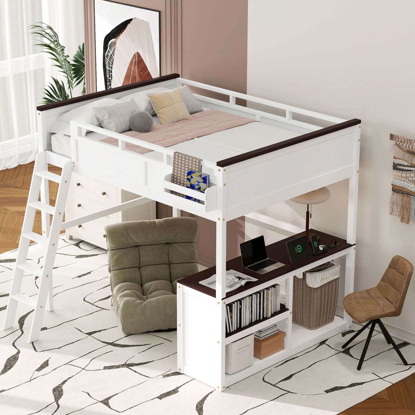 Space-Saving Queen Wood Loft Bed with Desk, Storage & USB Charging Station, White | Just Better Bunk Beds