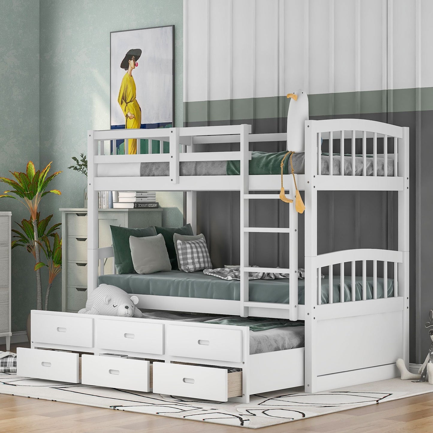 Space-Saving Twin Over Twin Wood Bunk Bed with Trundle and Drawers, White | Just Better Bunk Beds