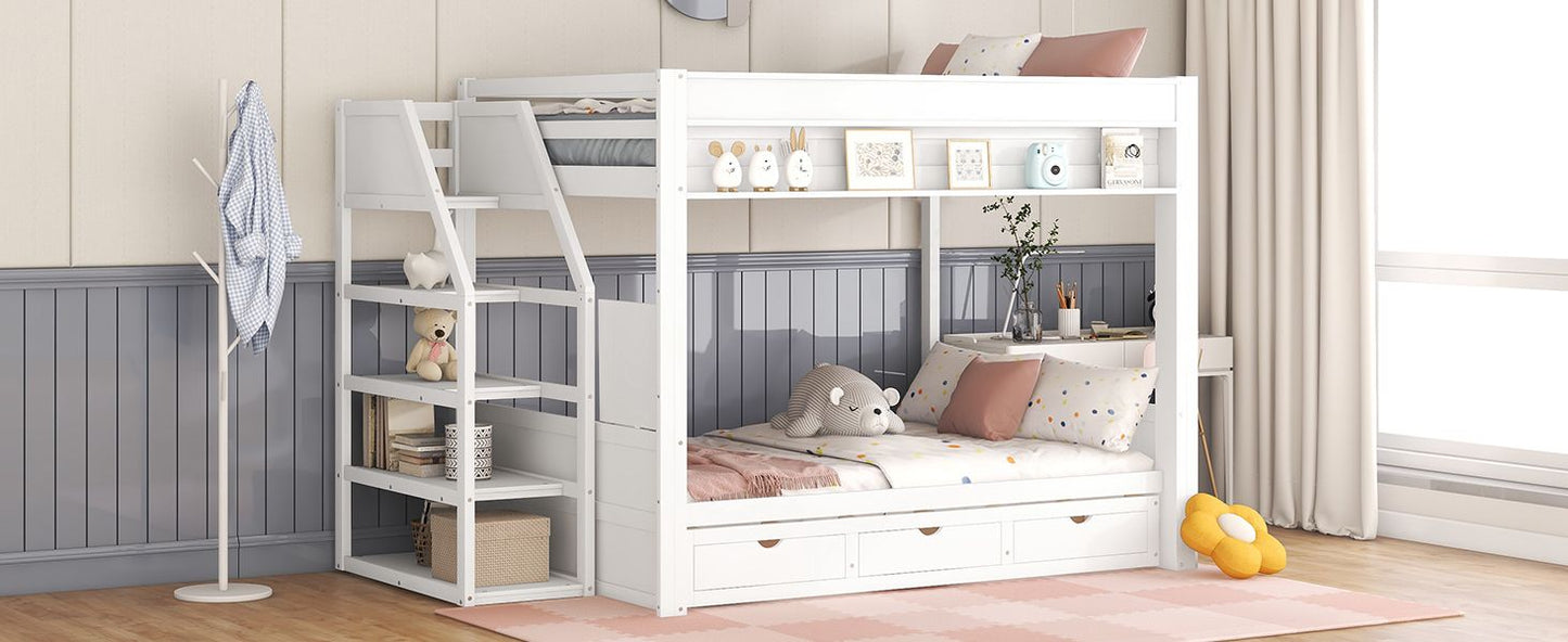 Convertible Full Wood Bunk Bed with Storage Staircase, Bedside Table, 3 Drawers, White | Just Better Bunk Beds