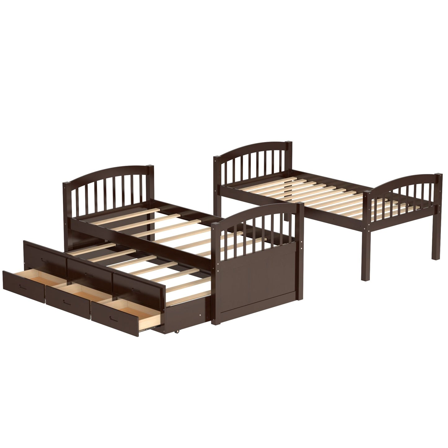 Space-Saving Twin Over Twin Wood Bunk Bed with Trundle and Drawers, White | Just Better Bunk Beds