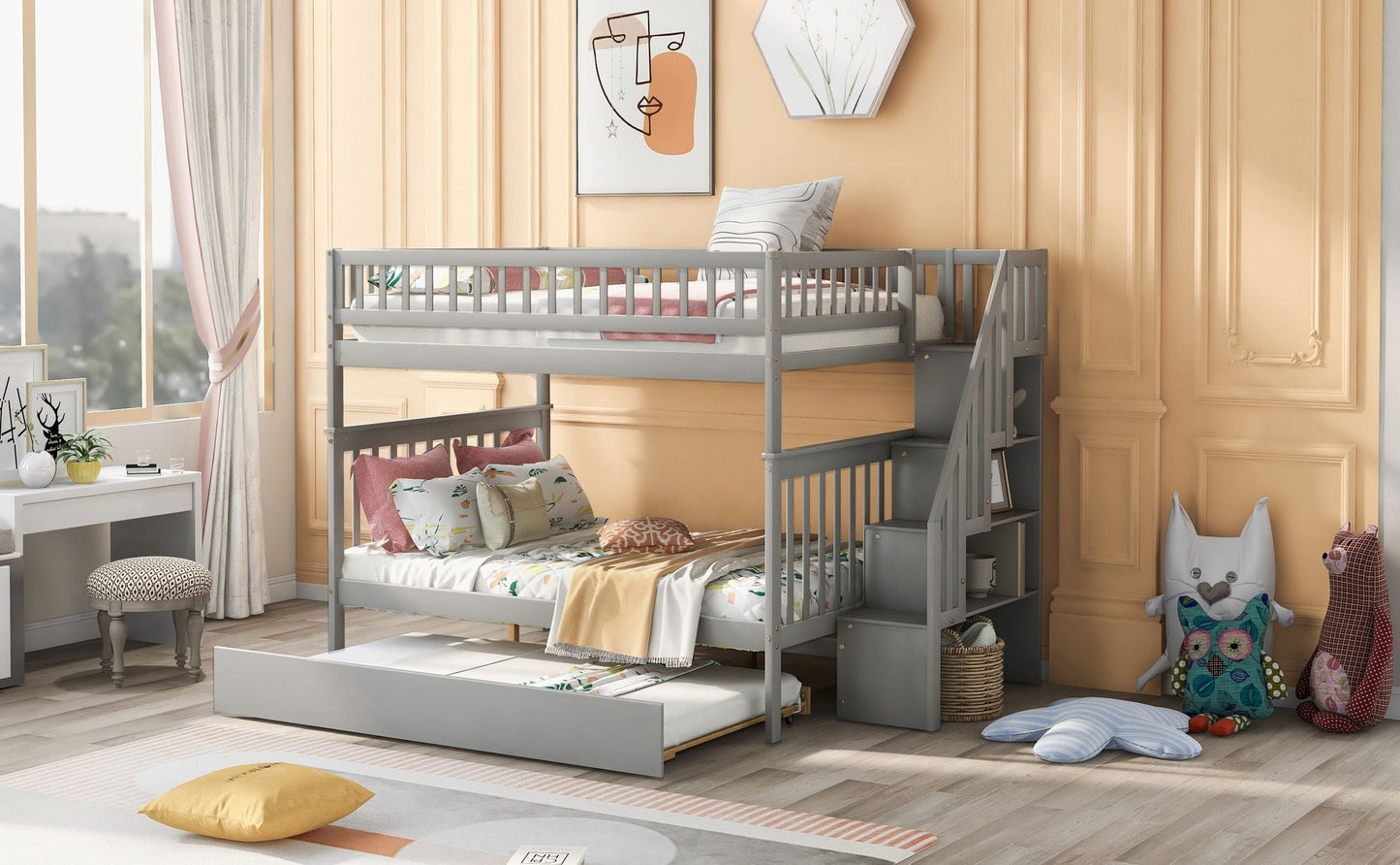 Staircase Storage Full Over Full Wood Bunk Bed with Trundle, Gray | Just Better Bunk Beds