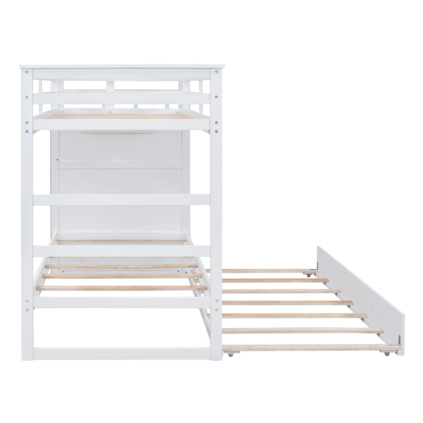 Shared Room Solution Twin Over Twin Wood Bunk Bed with Trundle and Staircase, White | Just Better Bunk Beds