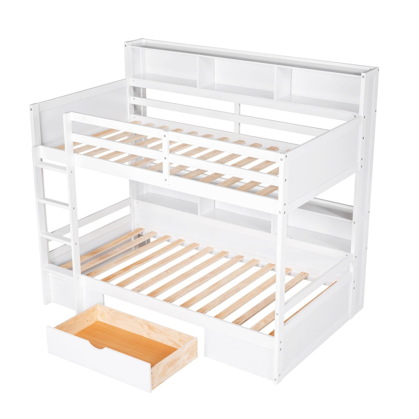 Organized Twin Wood Bunk Bed with Built-In Shelves and Storage Drawer, White | Just Better Bunk Beds