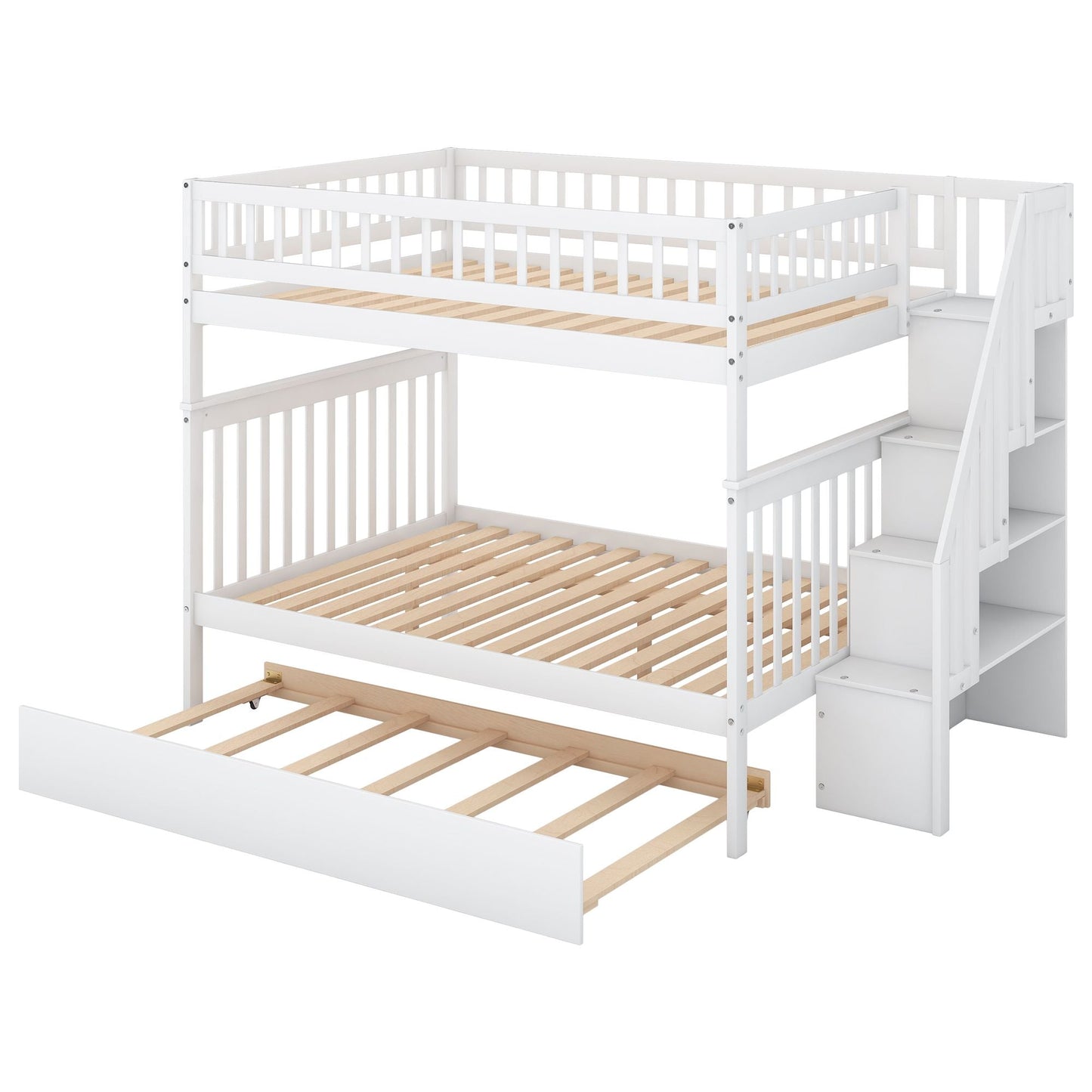 Space-Saving Full Over Full Wood Bunk Bed with Trundle and Staircase, Gray and White | Just Better Bunk Beds