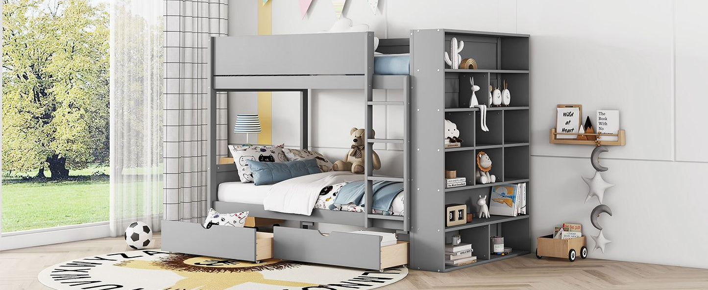 Twin over Twin Bunk Bed With 2 Drawers and Multi-layer Cabinet,  Gray