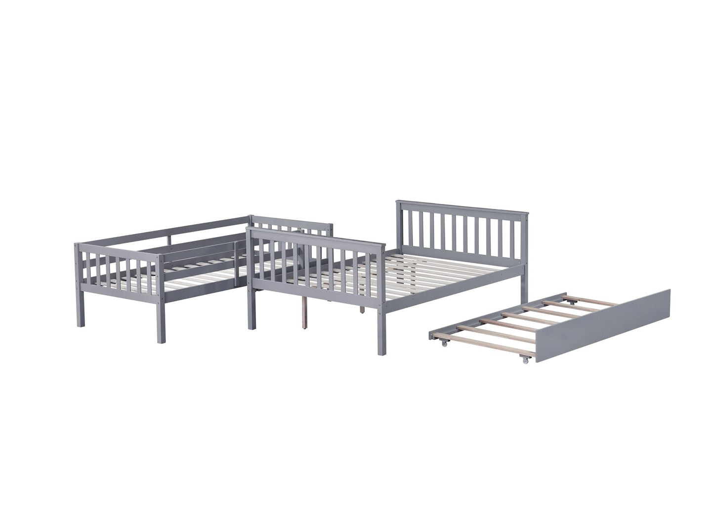 Convertible Full Over Full Rubber Wood Bunk Bed with Trundle, Ladder, and Guardrails, Gray | Just Better Bunk Beds