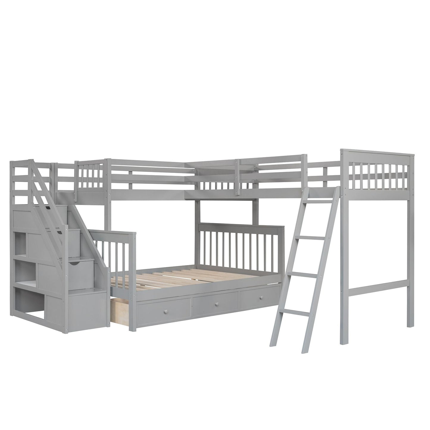 L-Shaped Twin Over Full Wood Bunk Bed with Drawers, Ladder and Staircase, Gray | Just Better Bunk Beds