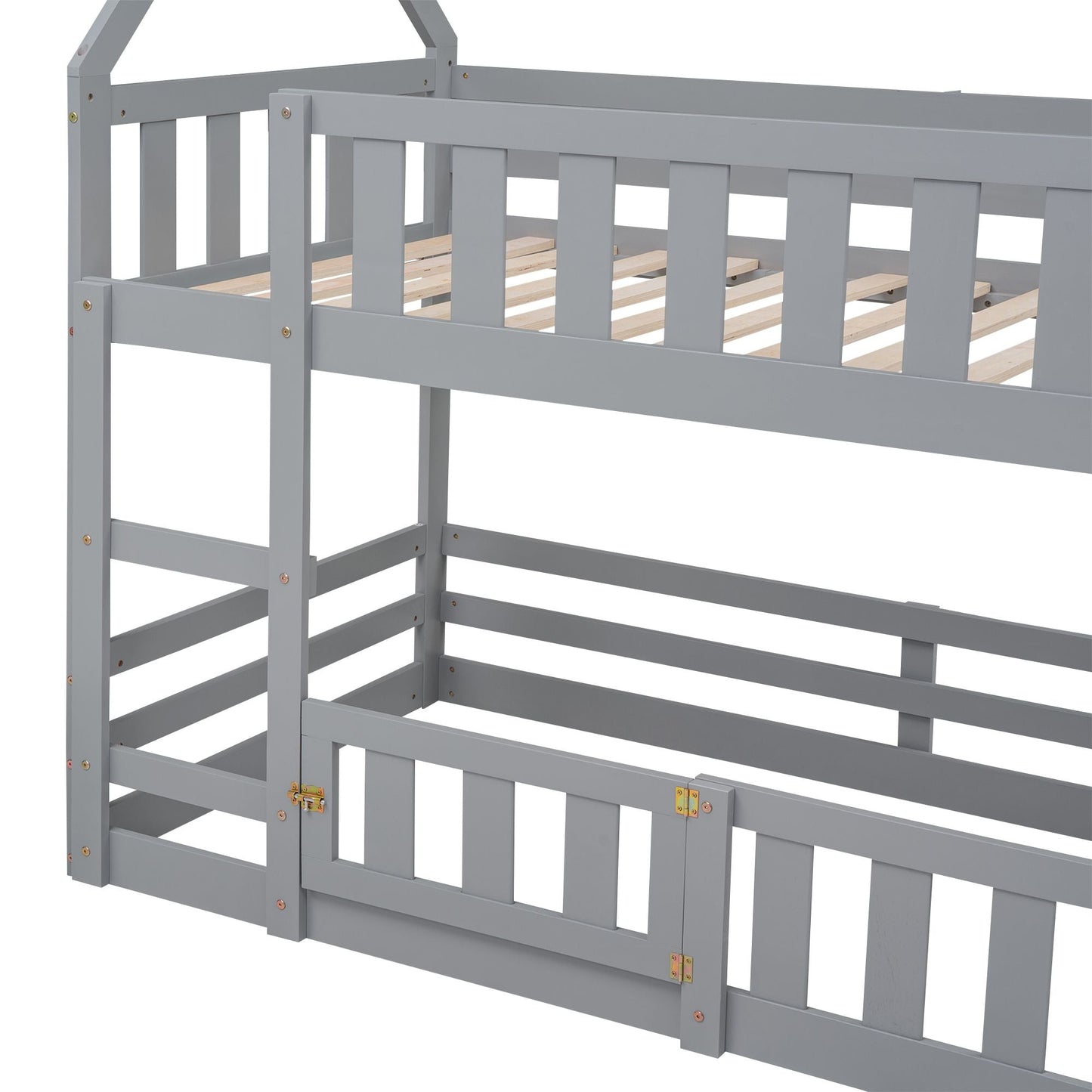 Kids Bedroom Twin Over Twin Wood House Bunk Bed with Fence and Door, Gray | Just Better Bunk Beds