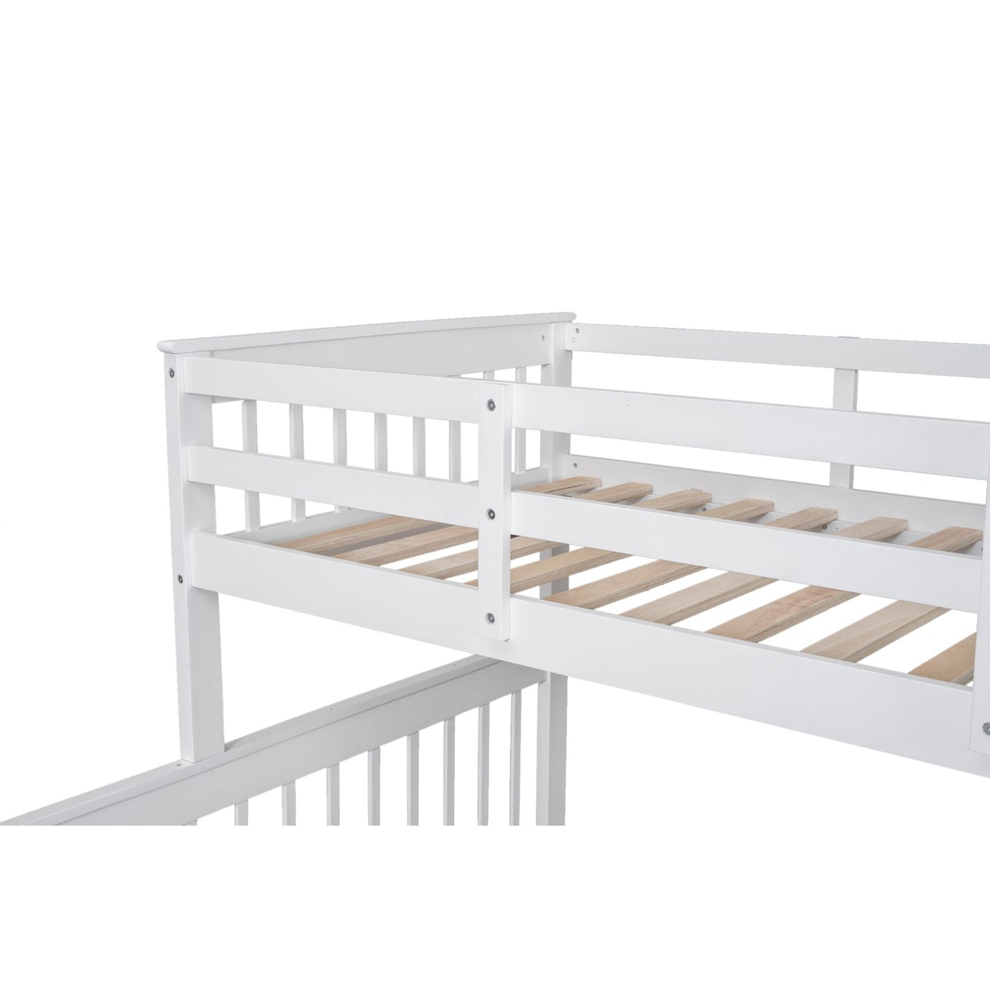Staircase Storage Twin Over Full Wood Bunk Bed with Trundle, Storage, and Guard Rail, White | Just Better Bunk Beds