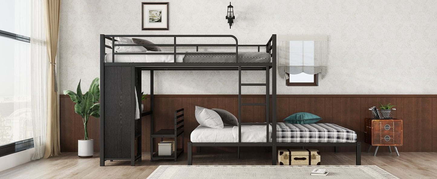 Shared Room Solution Queen Over Queen Metal Bunk Bed with Built-in Wardrobe, Desk, and Storage Chairs, Black | Just Better Bunk Beds