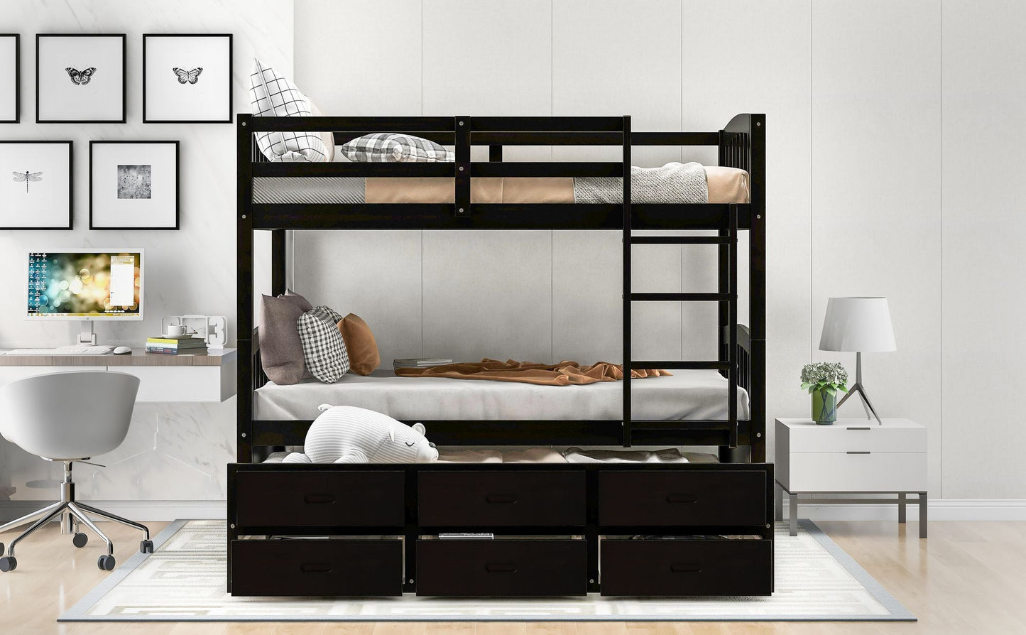 Space-Saving Twin Over Twin Wood Bunk Bed with Trundle and Drawers, White | Just Better Bunk Beds