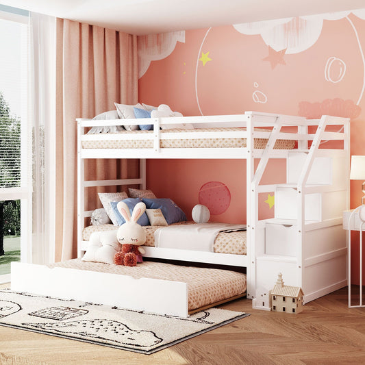 Space-Saving Twin Over Twin Wood Bunk Bed with Twin Trundle and 3 Storage Stairs, White | Just Better Bunk Beds