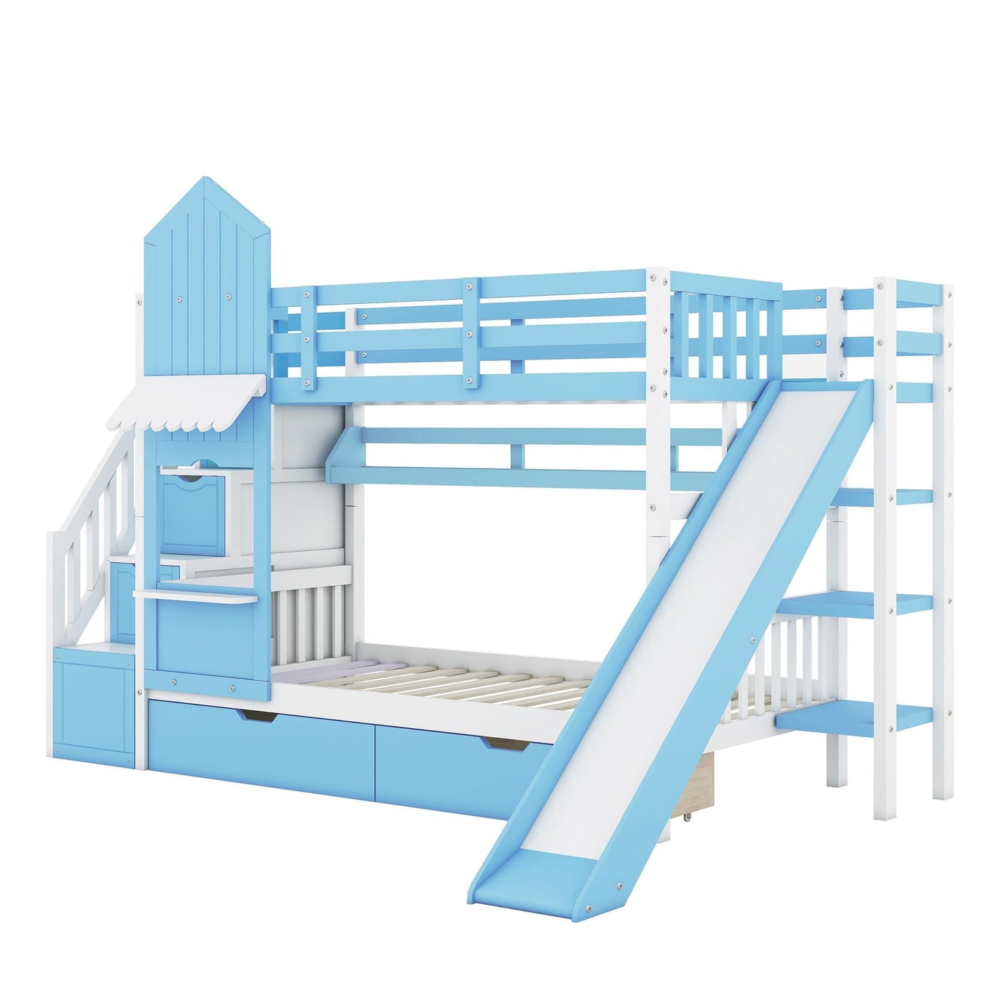 House-Style Twin Over Twin Wood Bunk Bed with 2 Drawers, 3 Shelves, and Slide, Blue | Just Better Bunk Beds