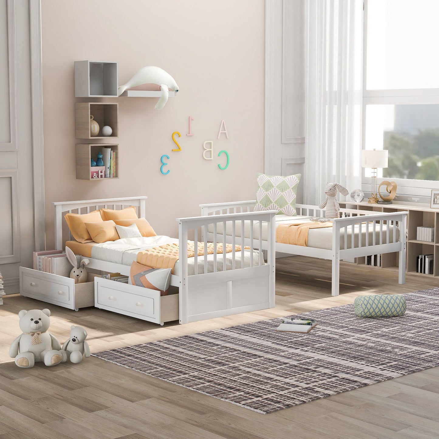 Twin over Twin Bunk Bed with Drawers,  Convertible Beds,  White