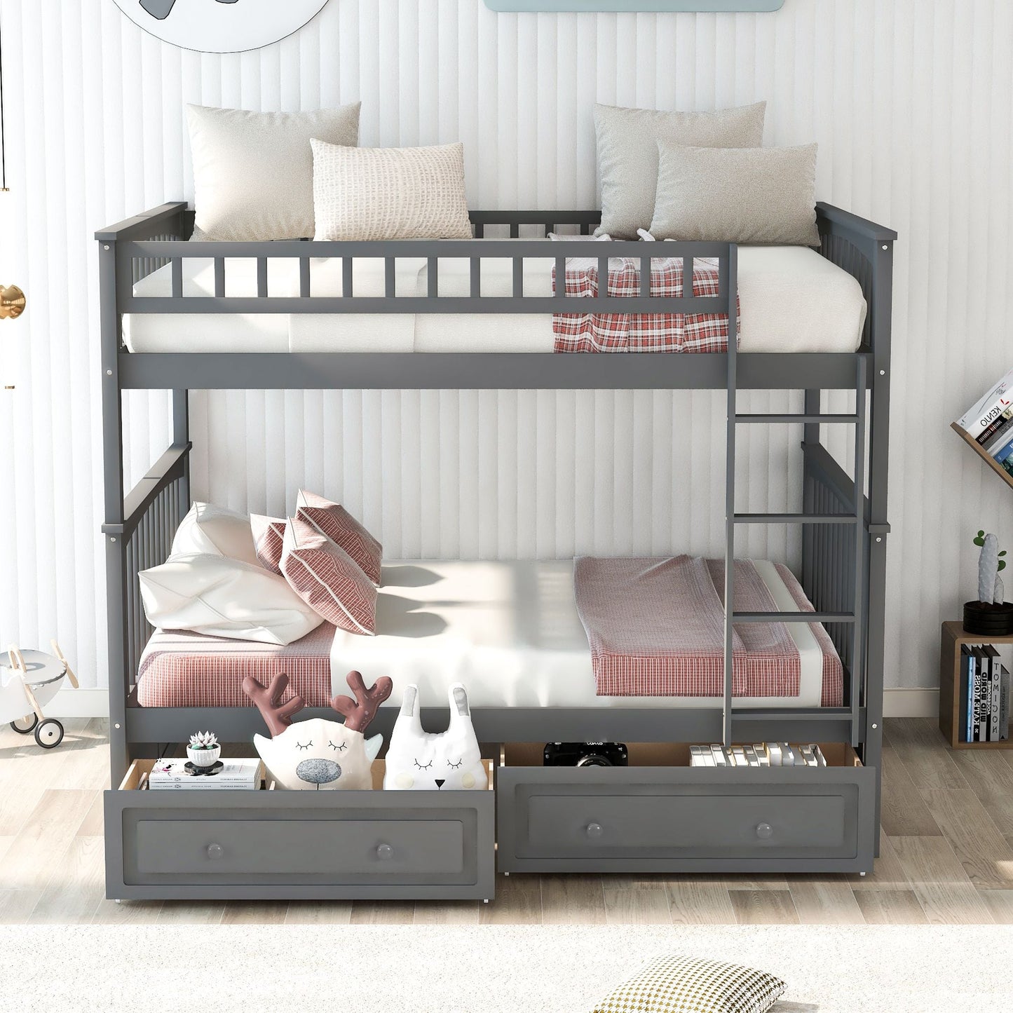 Convertible Full Over Full Wood Bunk Bed with Drawers, Gray | Just Better Bunk Beds