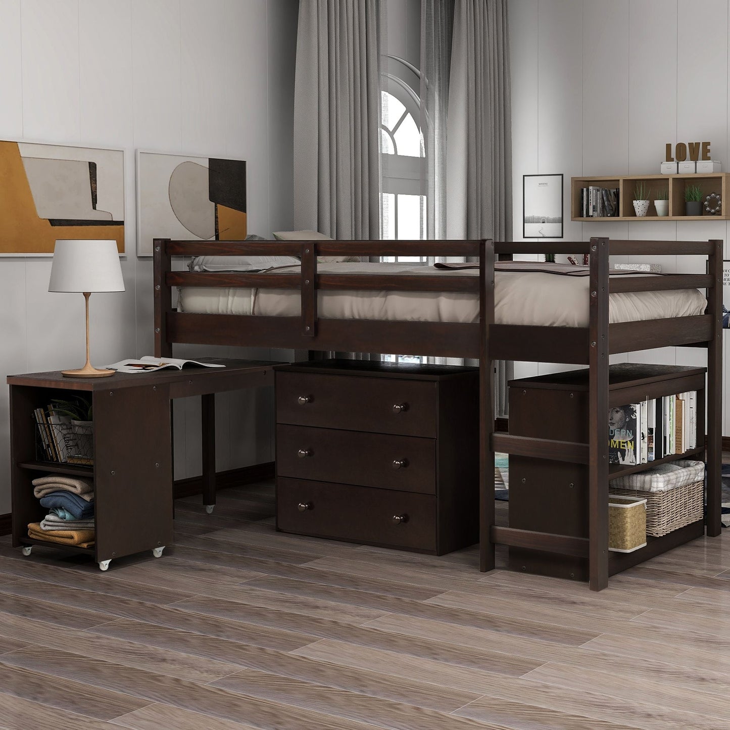 Kids Bedroom Twin Wood Loft Bed with Cabinet and Rolling Desk, White | Just Better Bunk Beds