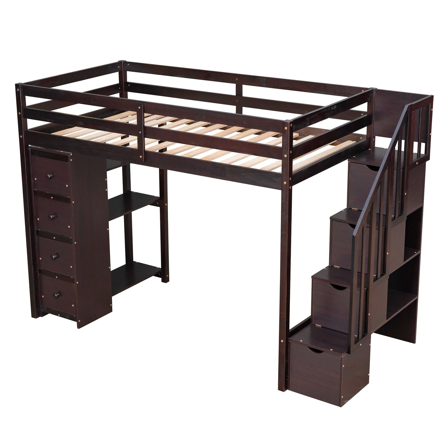 Kids Bedroom Twin Wood Loft Bed with Storage Drawers and Stairs, Espresso | Just Better Bunk Beds