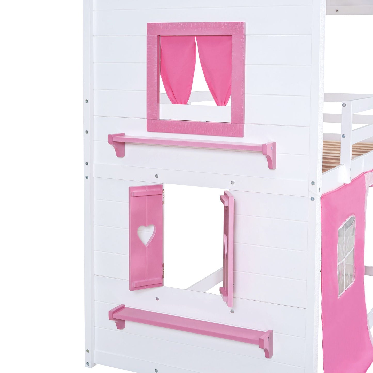 Kids Bedroom Twin Wood House-Style Bunk Bed with Elegant Windows, Sills and Tent, Pink and White | Just Better Bunk Beds