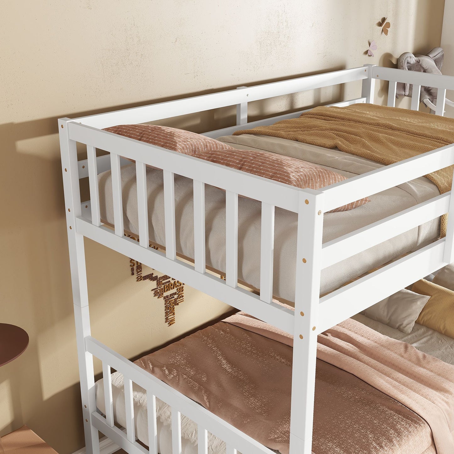 Convertible Twin Over Twin Rubber Wood Bunk Bed with 2 Drawers, Ladder, Safety Guardrails, Gray | Just Better Bunk Beds