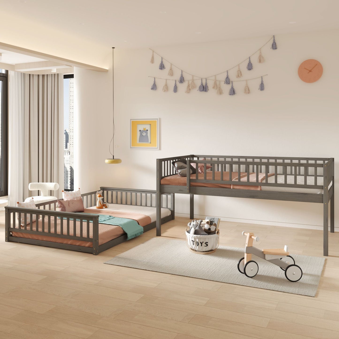 Space-Saving Full XL Over Queen Wood Bunk Bed with Ladder and Guardrails, Gray | Just Better Bunk Beds