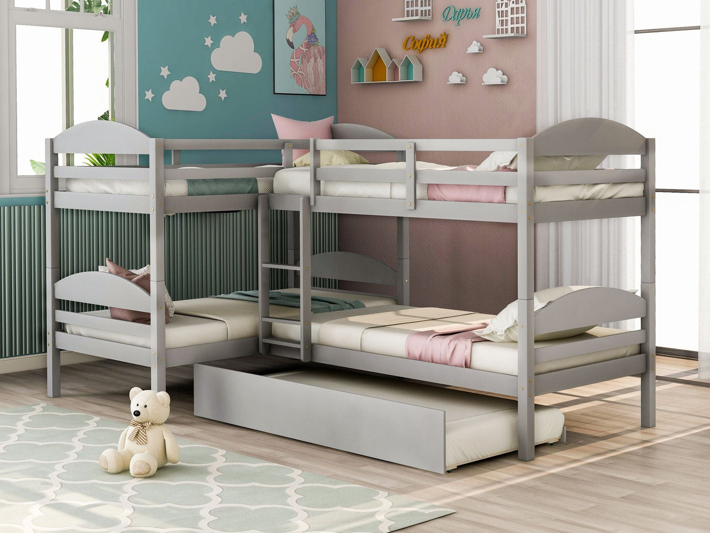 Space-Saving Twin L-Shaped Wood Bunk Bed with Trundle, Gray | Just Better Bunk Beds