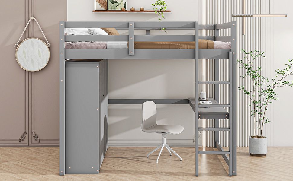 Space-Saving Full Wood Loft Bed with Built-in Wardrobe, Desk & Storage, Gray | Just Better Bunk Beds