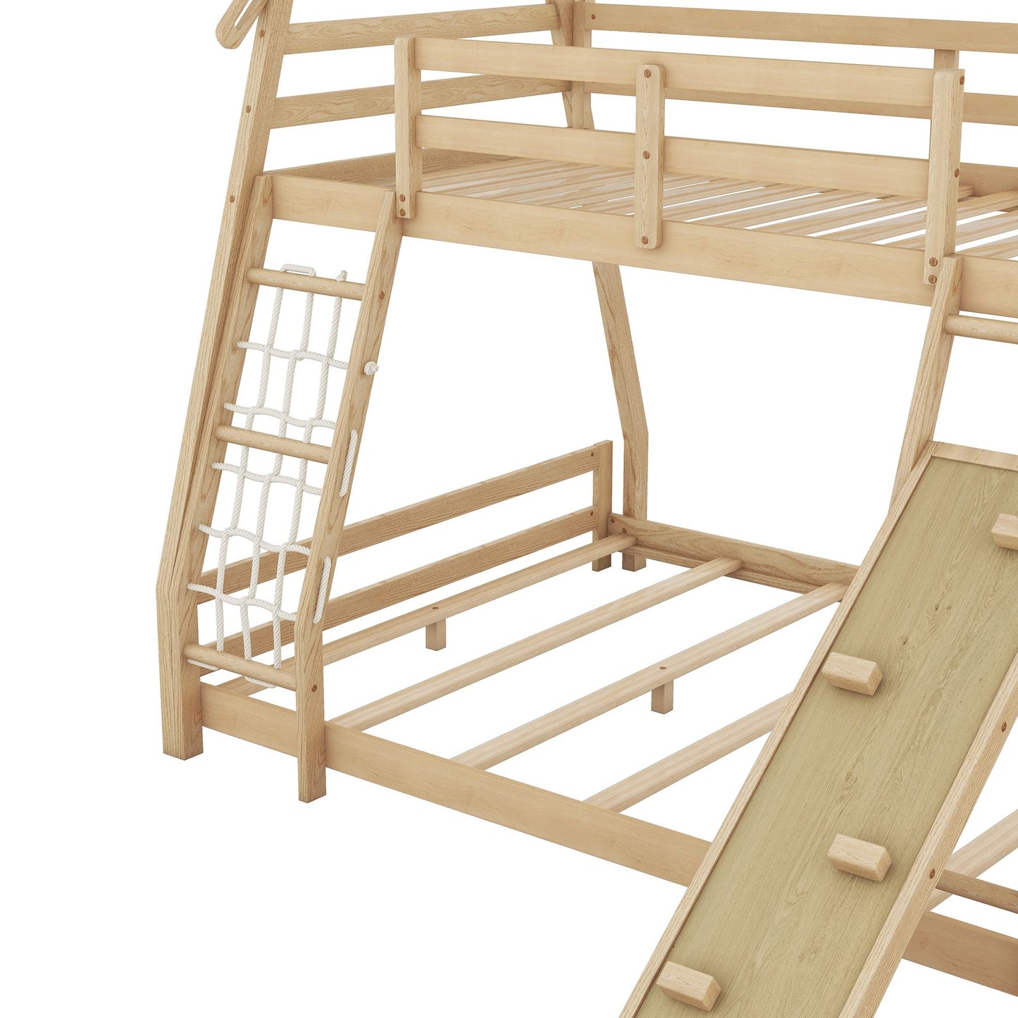 Shared Room Solution Twin Over Queen Wood House Bunk Bed with Climbing Nets and Ramp, Natural | Just Better Bunk Beds