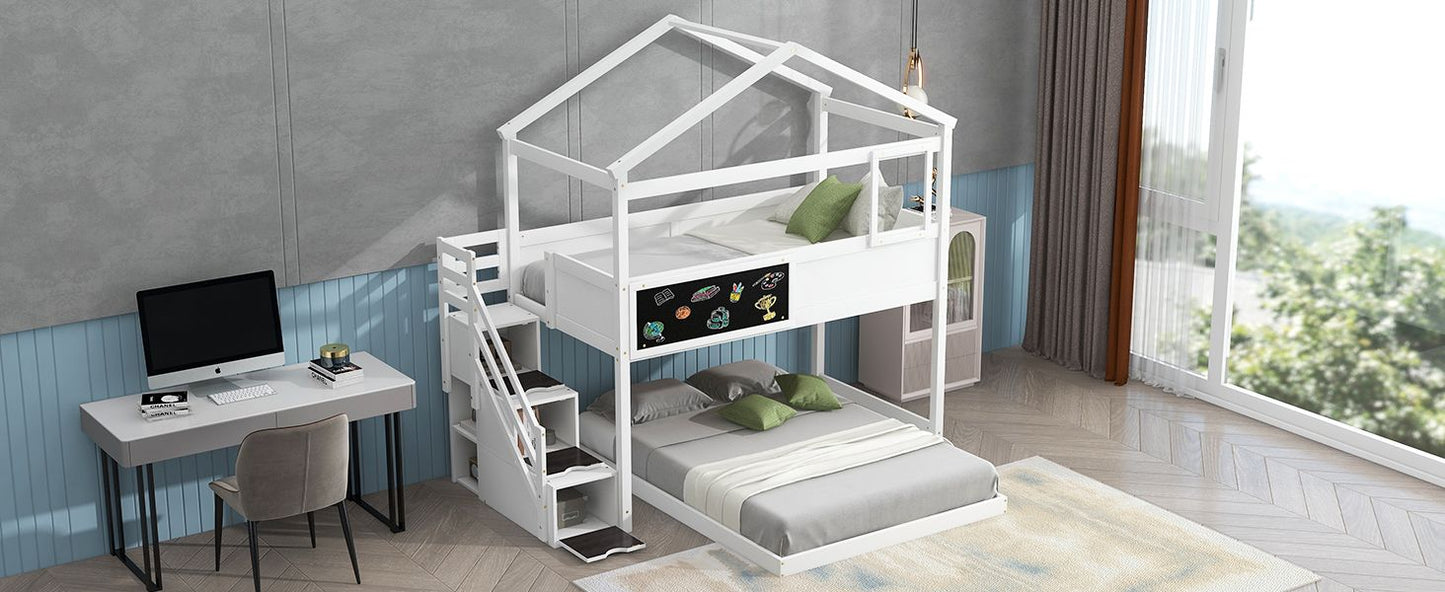 House-Style Twin Over Full Wood Bunk Bed with Storage Staircase, Blackboard, White | Just Better Bunk Beds