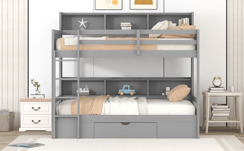 Organized Twin Wood Bunk Bed with Built-In Shelves and Storage Drawer, White | Just Better Bunk Beds
