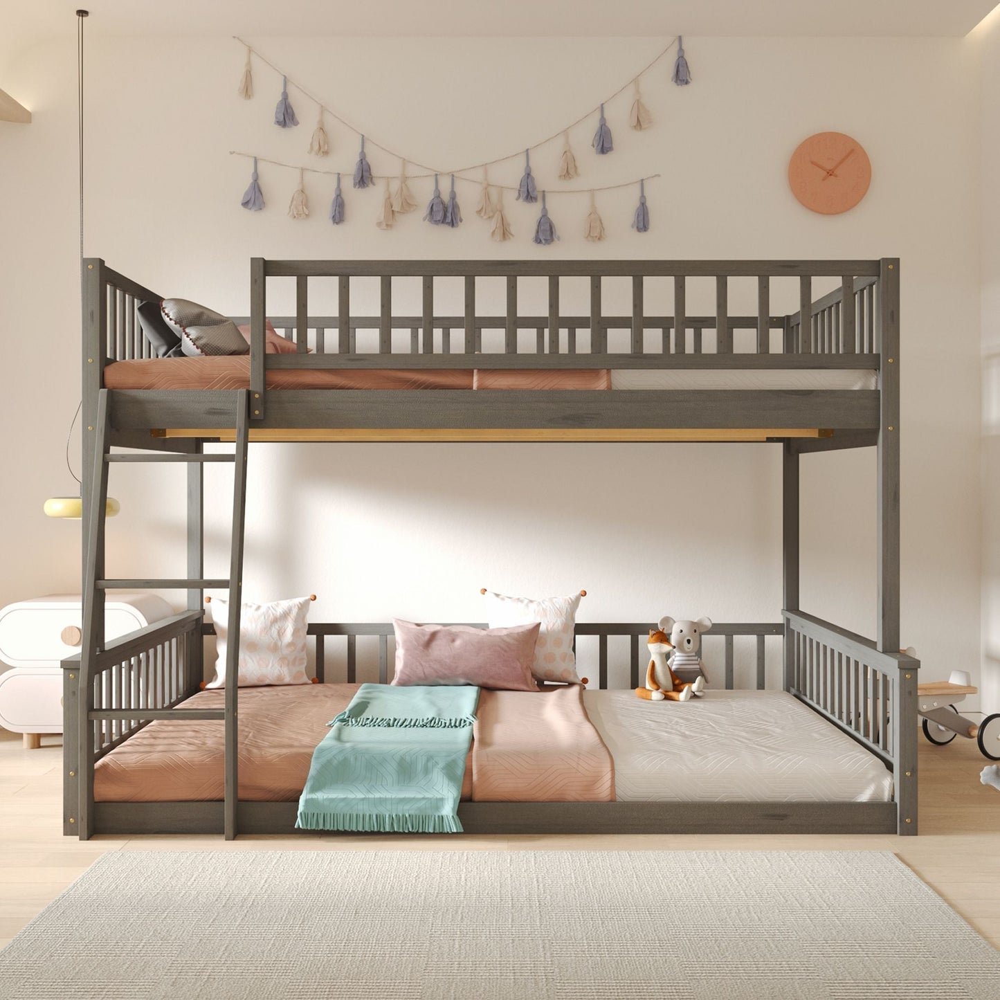 Space-Saving Full XL Over Queen Wood Bunk Bed with Ladder and Guardrails, Gray | Just Better Bunk Beds