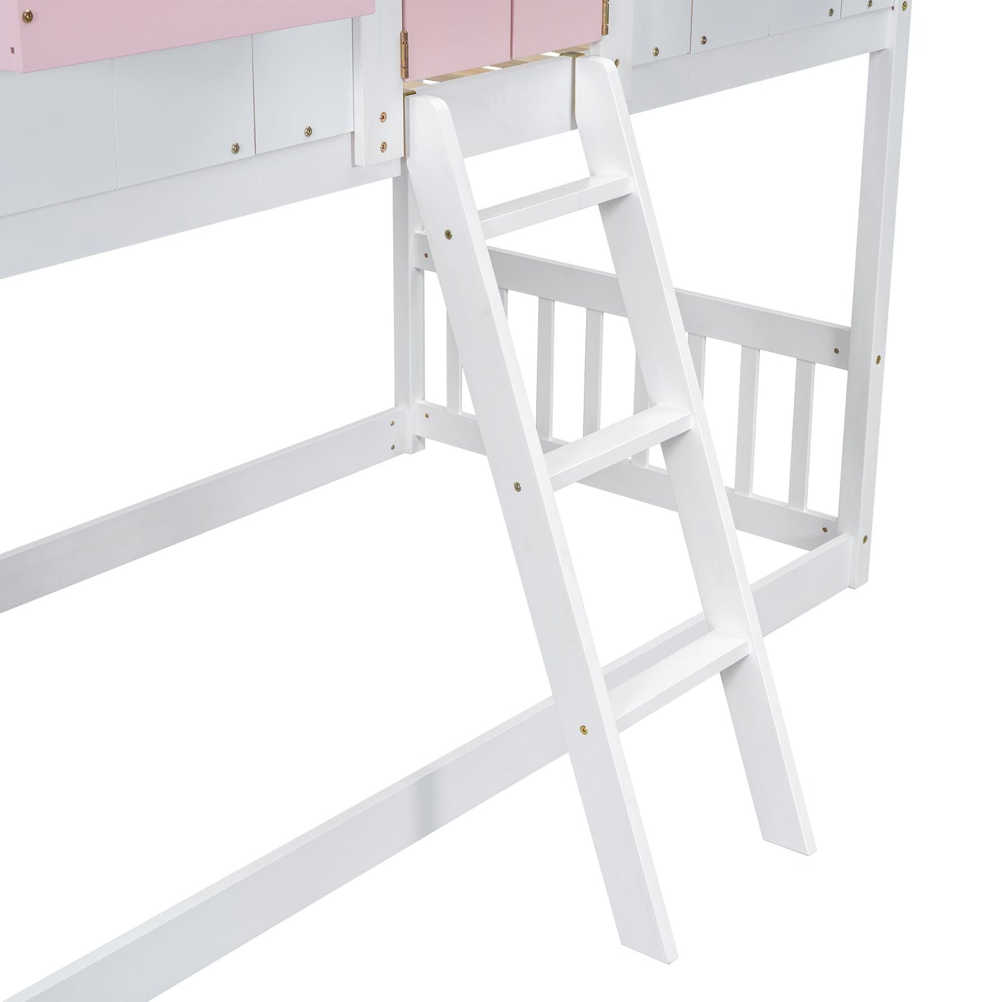 House-Style Twin Over Twin Wood Bunk Bed with Roof, Window, Door, and Ladder, Multiple Colors | Just Better Bunk Beds
