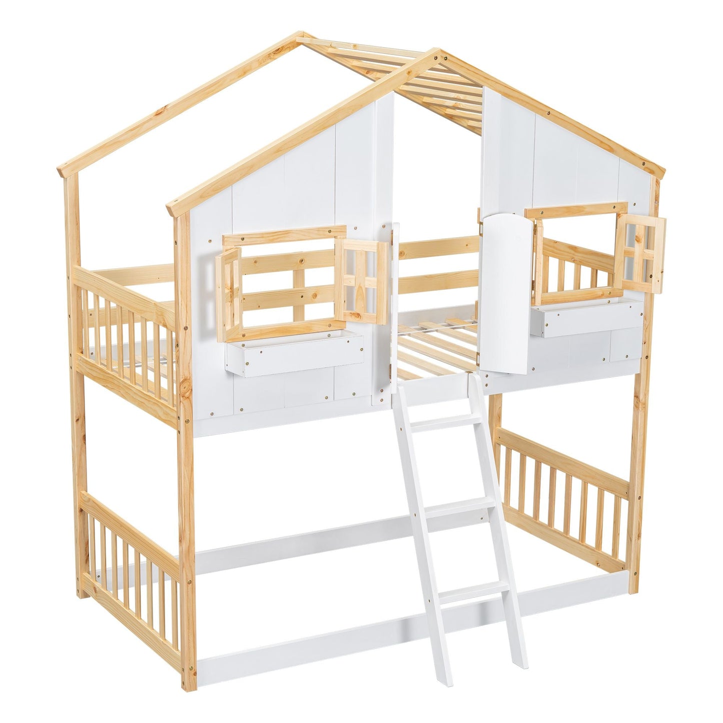 House-Style Twin Over Twin Wood Bunk Bed with Roof, Window, Door, and Ladder, Multiple Colors | Just Better Bunk Beds
