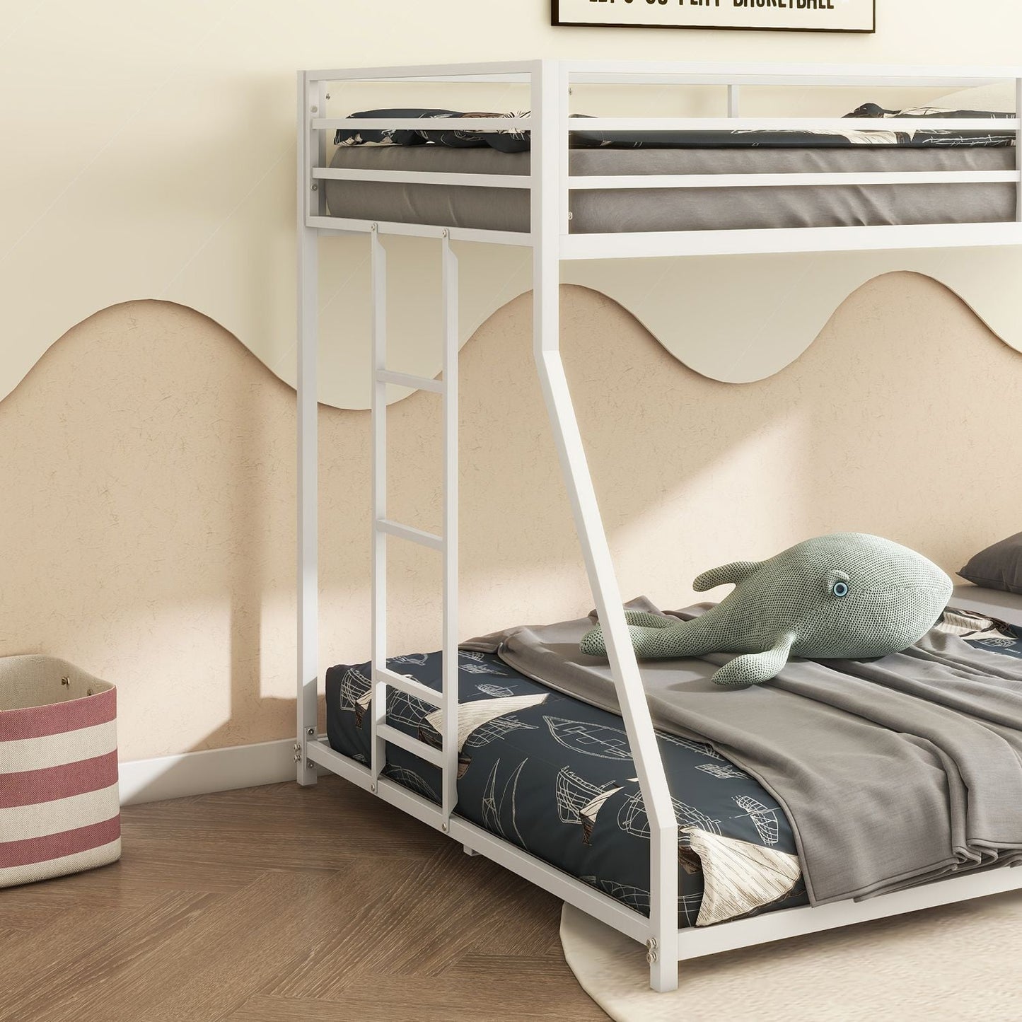 Heavy-Duty Twin Over Full Metal Bunk Bed with Stable Ladder, Low Profile, White | Just Better Bunk Beds
