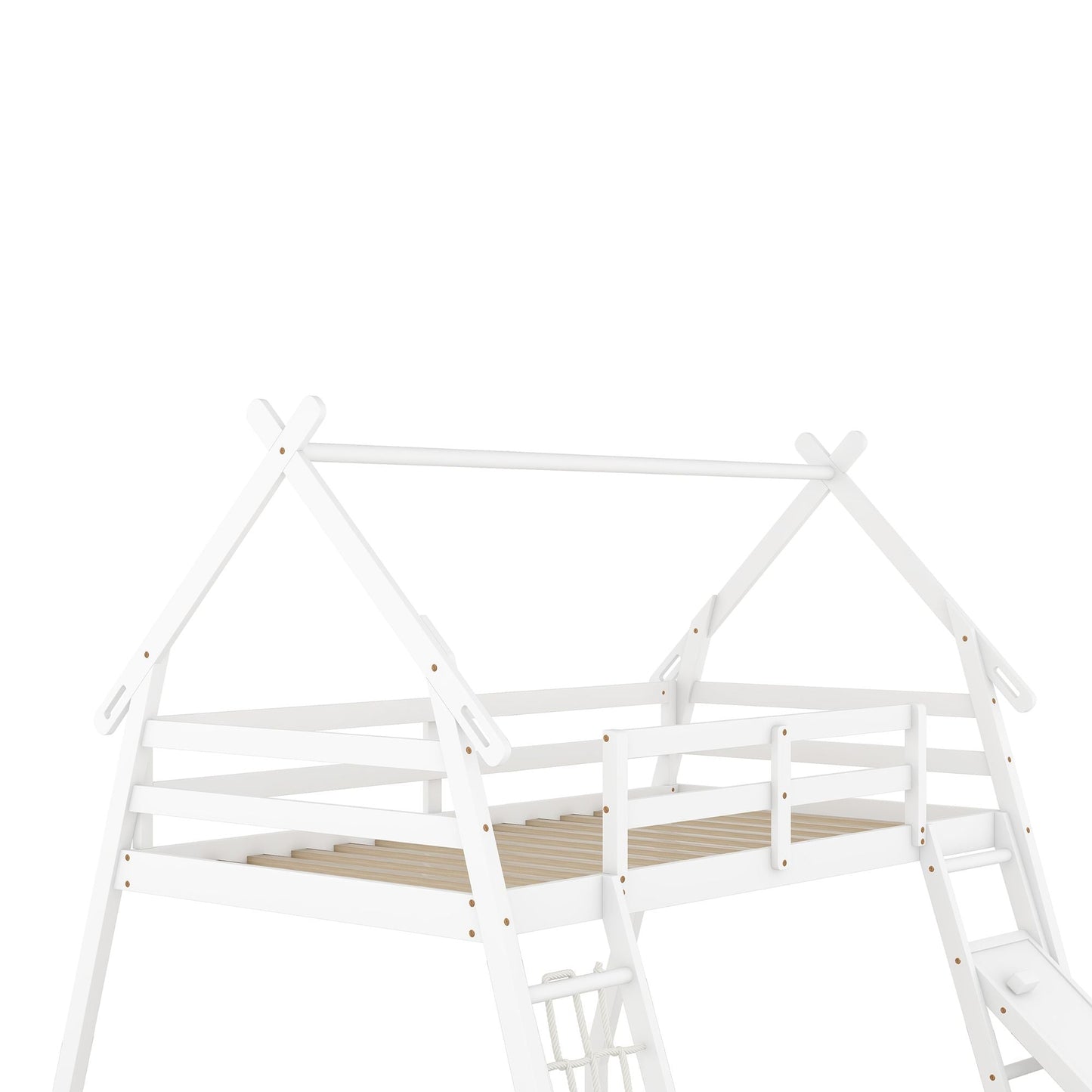 House-Style Twin Over Queen Wood Bunk Bed with Climbing Nets and Ramp, White | Just Better Bunk Beds