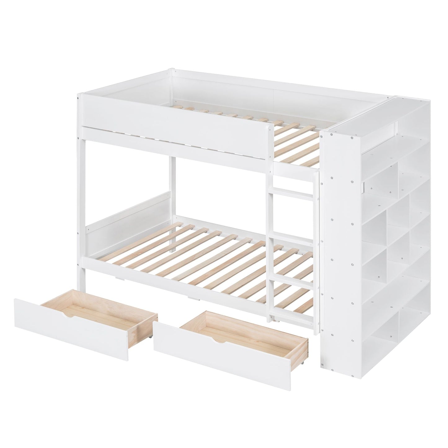 Storage Twin Over Twin Wood Bunk Bed with 2 Drawers and Multi-Layer Cabinet, White | Just Better Bunk Beds