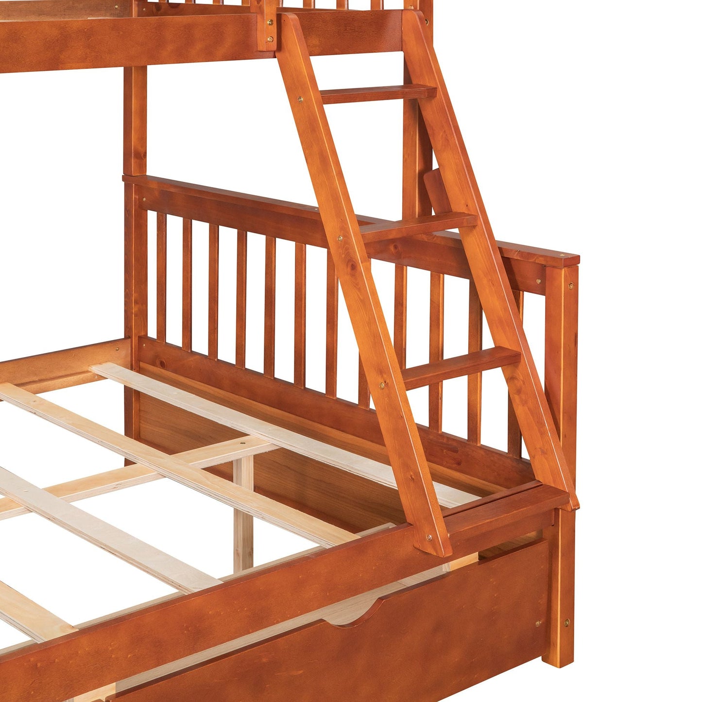 Space-Saving Twin Over Full Wood Bunk Bed with Ladders and Storage Drawers, Walnut | Just Better Bunk Beds