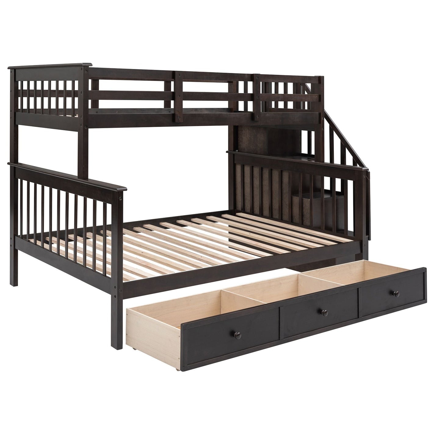 Staircase Storage Twin Over Full Wood Bunk Bed with Drawer and Guard Rail, Espresso, Gray, White | Just Better Bunk Beds