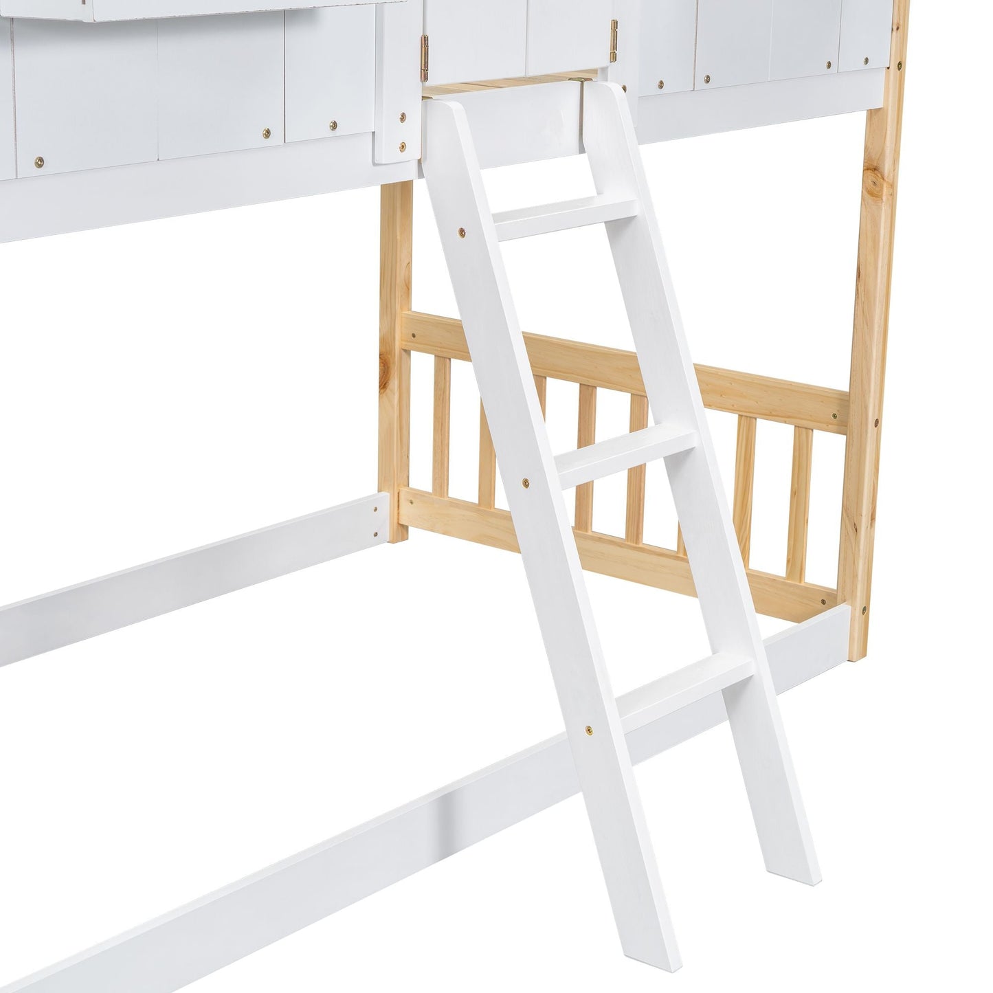 House-Style Twin Over Twin Wood Bunk Bed with Roof, Window, Door, and Ladder, Multiple Colors | Just Better Bunk Beds