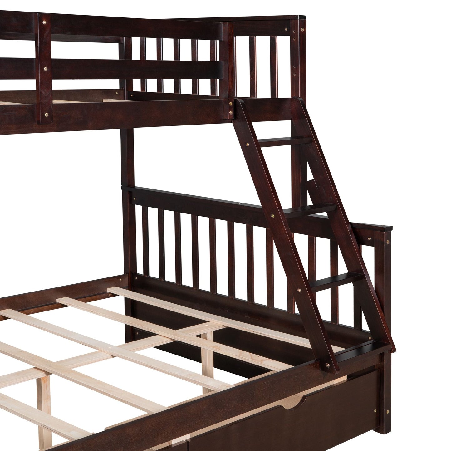 Heavy-Duty Twin Over Full Wood Bunk Bed with Ladder and Two Storage Drawers, Espresso | Just Better Bunk Beds
