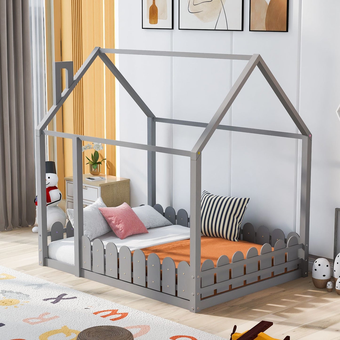 Kids Bedroom Full Wood Bed Frame with Protective Fence, White | Just Better Bunk Beds