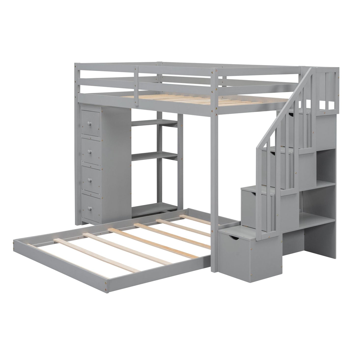 Staircase Storage Twin Over Full Wood Bunk Bed with Shelves and Drawers, Gray | Just Better Bunk Beds