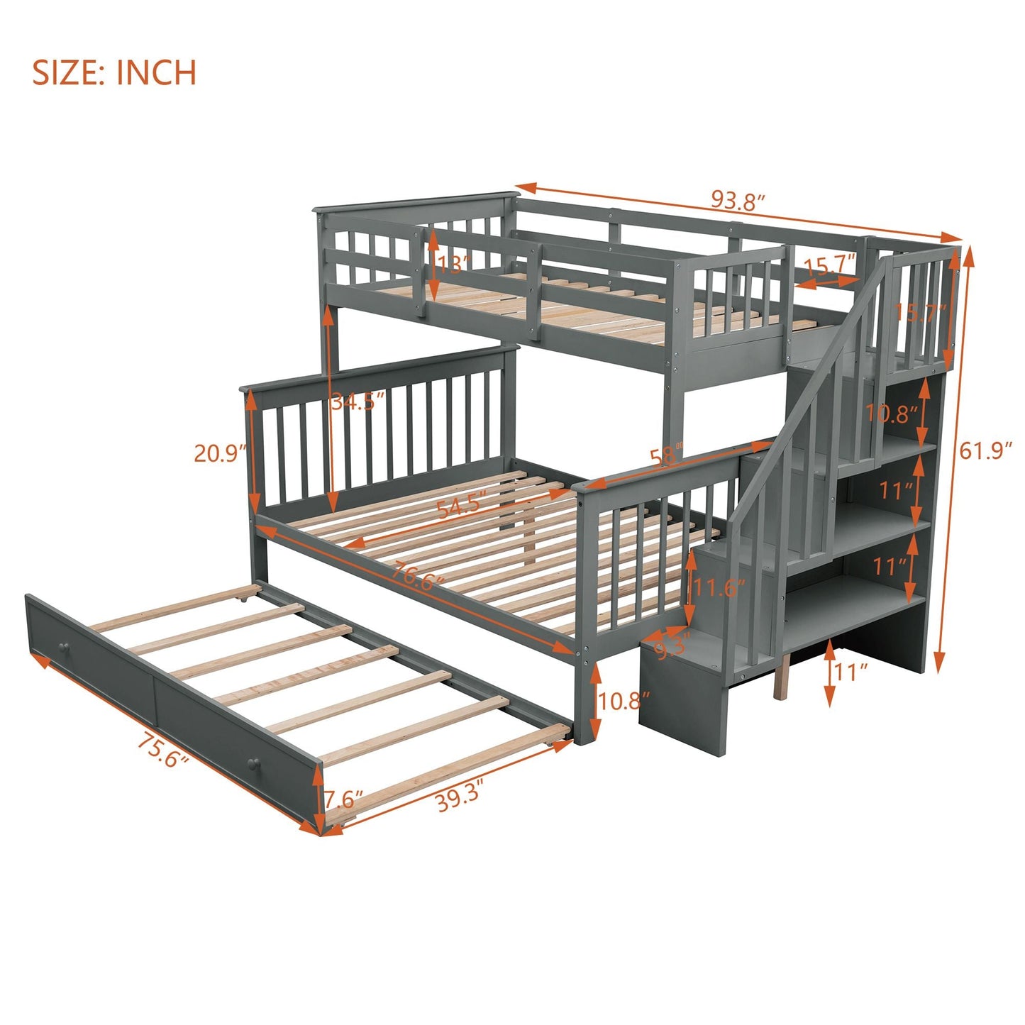 Staircase Storage Twin Over Full Wood Bunk Bed with Trundle, Storage, and Guard Rail, Gray | Just Better Bunk Beds