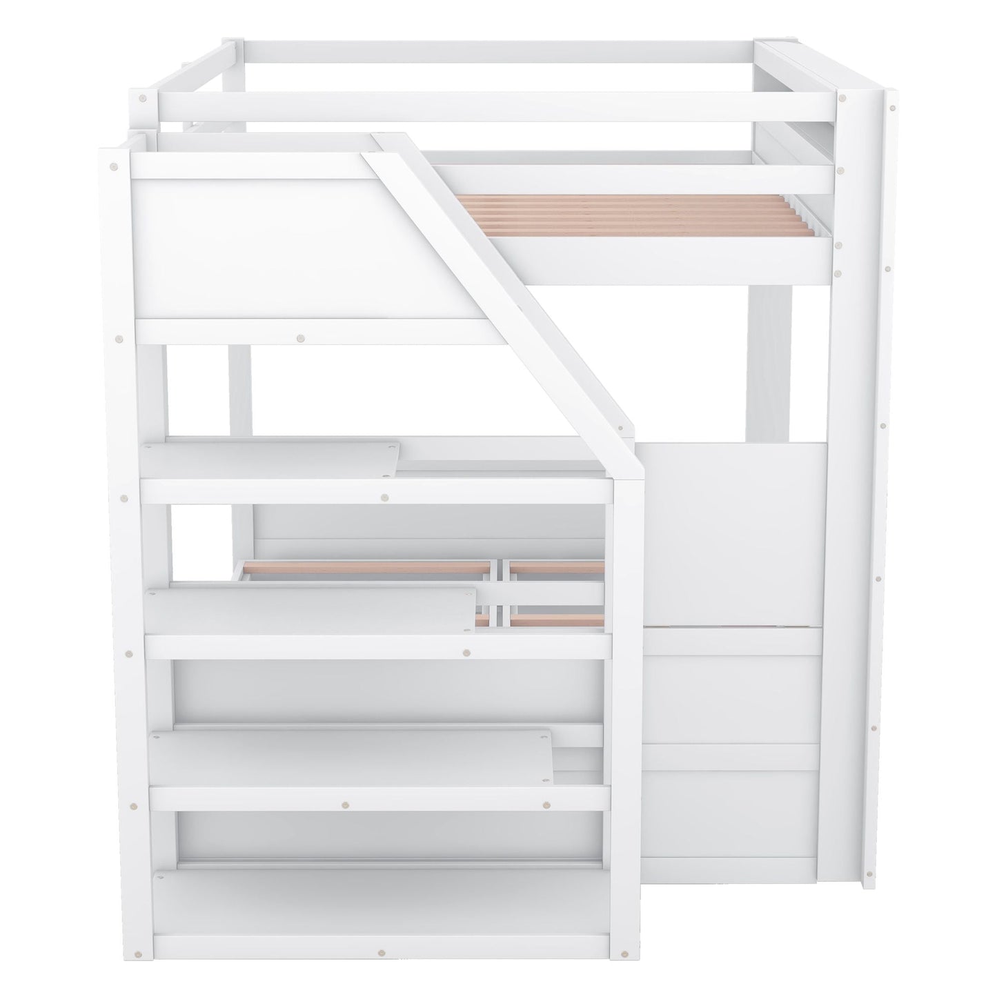 Convertible Full Wood Bunk Bed with Storage Staircase, Bedside Table, 3 Drawers, White | Just Better Bunk Beds